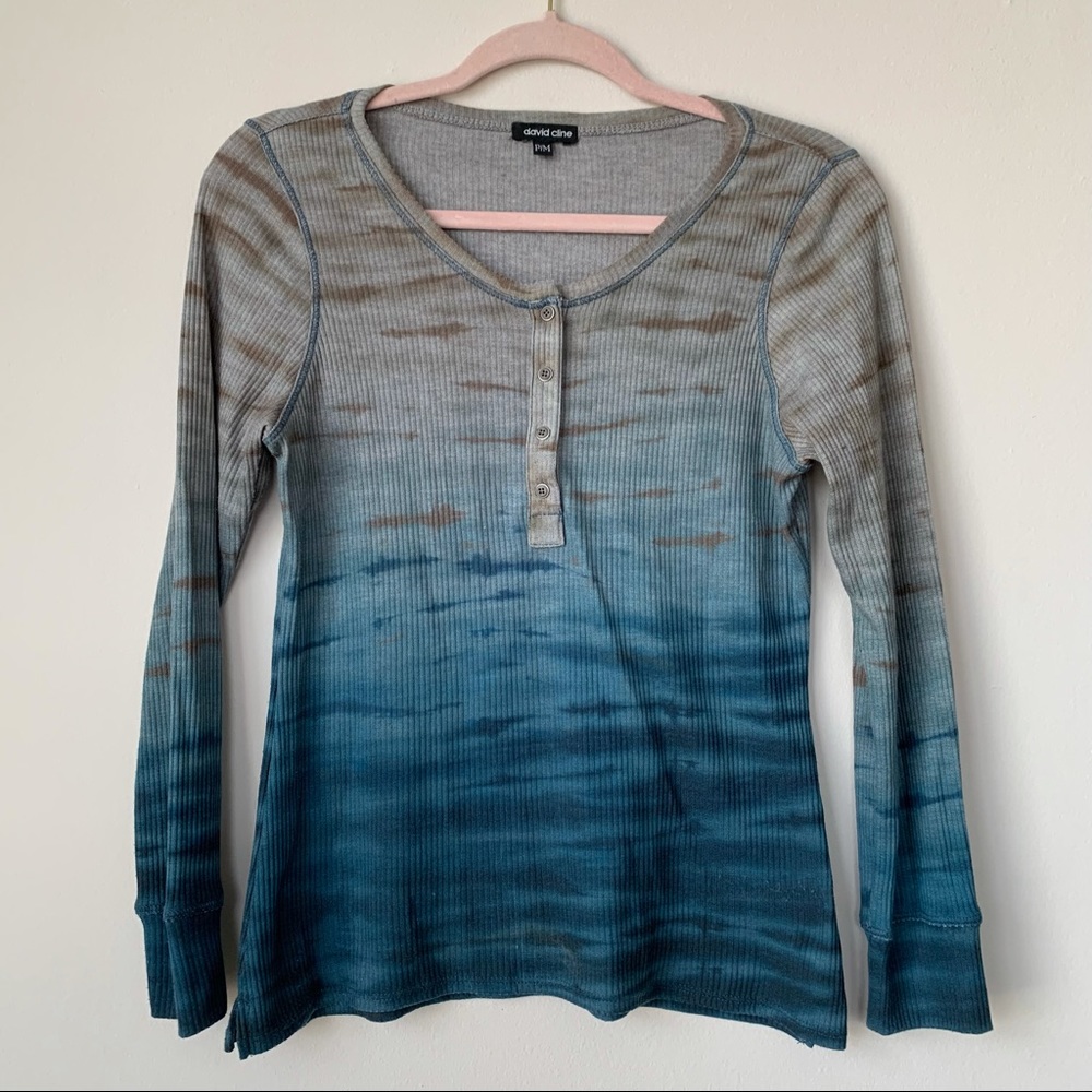David Cline Henley T Shirt Long Sleeve Tie Dye Ribbed Lagoon Size Petite Medium